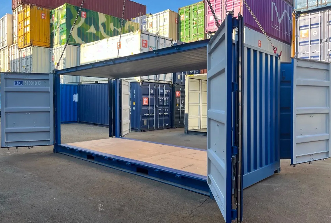 Container with side panels open