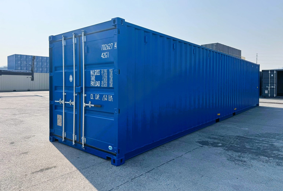 40ft blue shipping container, side profile showing full length